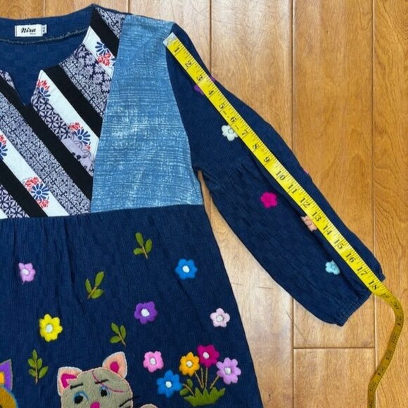 Mira Closet Womens Embroidered Lagenlook Tunic Top Artsy Size *L Cat Dog Flowers - Picture 7 of 9